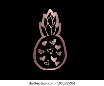 Rose Gold Color Flat, Line, Icon Logo, Sign, Symbol. Pineapple Fruit Food Heart. Graphic Design Concept, Elements, Vector Illustration EPS10