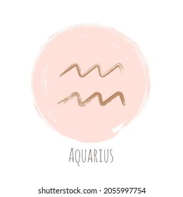 Rose and gold color round Aquarius zodiac sign, circle hand painted horoscope symbol vector. Astrological icon isolated. Aquarius astrology zodiac symbol clip art on white background.