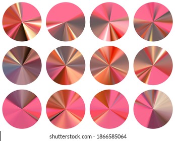 Rose goldene, konzentrische metallische Farbverlauf-Elemente Vektorgrafik-Sammlung. Polierte mehrfarbige Armbanduhren. Banner Metall Farbverlauf Textur Vorlagen. Symbolhintergründe Grafikdesign.