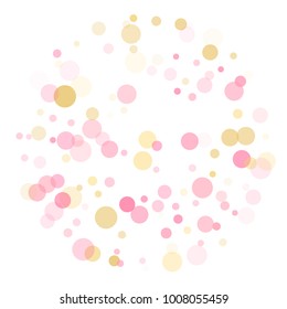 Rose gold confetti circle decoration for christmas card background, holiday vector illustration. Gold, pink and rose color round confetti dots, circles chaotic scatter, trendy rich bokeh background.