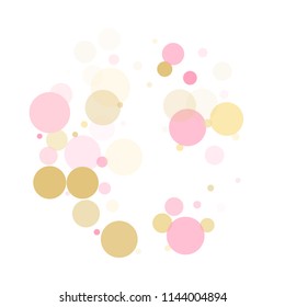 Rose gold confetti circle decoration for New Year card background. Holiday vector illustration. Gold, pink and rose color round confetti dots, circles scatter on white. Decorative bokeh background.