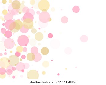 Rose gold confetti circle decoration for New Year card background. Holiday vector decor. Gold, pink and rose color round confetti dots, circles chaotic scatter. Elegant bokeh background.