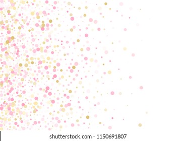 Rose gold confetti circle decoration for New Year card background. Holiday vector illustration. Gold, pink and rose color round confetti dots, circles scatter on white. Trendy rich bokeh background.