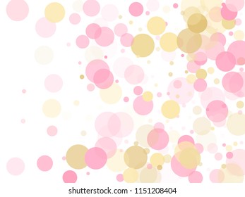 Rose gold confetti circle decoration for Valentine card background. Holiday vector illustration. Gold, pink and rose color round confetti dots, circles scatter on white. Fashionable bokeh background.