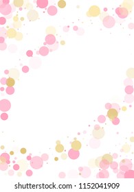 Rose gold confetti circle decoration for Valentine card background. Holiday vector illustration. Gold, pink and rose color round confetti dots, circles chaotic scatter. Glamour bokeh background.