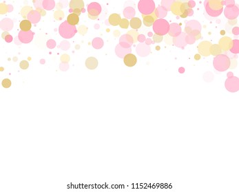 Rose gold confetti circle decoration for wedding invitation card. Holiday vector illustration. Gold, pink and rose color round confetti dots, circles scatter on white. Beautiful bokeh background.