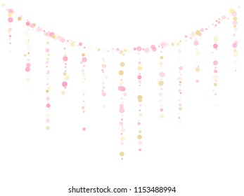 Rose gold confetti circle decoration for wedding invitation card. Holiday vector pattern. Gold, pink and rose color round confetti dots, circles scatter on white. Simple bokeh background.