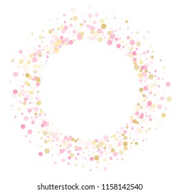 Rose gold confetti circle decoration for wedding invitation card. Holiday vector decor. Gold, pink and rose color round confetti dots, circles scatter on white. Minimal bokeh background.