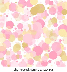 Rose gold confetti circle decoration for wedding invitation card. Holiday vector decor. Gold, pink and rose color round confetti dots, circles scatter on white. Trendy rich bokeh background.