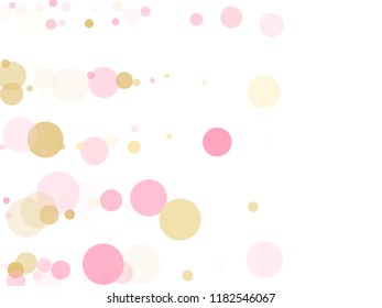 Rose gold confetti circle decoration for Valentine card background. Holiday vector illustration. Gold, pink and rose color round confetti dots, circles scatter on white. Festive bokeh background.