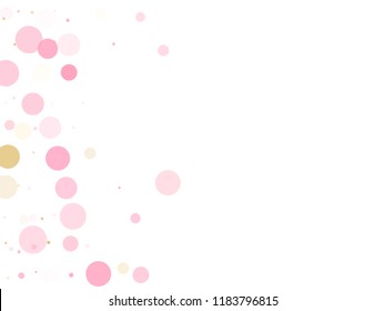 Rose gold confetti circle decoration for New Year card background. Holiday vector pattern. Gold, pink and rose color round confetti dots, circles chaotic scatter. Decorative bokeh background.