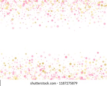 Rose gold confetti circle decoration for New Year card background. Holiday vector decor. Gold, pink and rose color round confetti dots, circles scatter on white. Creative bokeh background.