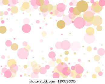 Rose gold confetti circle decoration for wedding invitation card. Birthday vector illustration. Gold, pink and rose color round confetti dots, circles scatter on white. Glamour bokeh background.