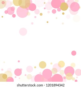 Rose gold confetti circle decoration for wedding invitation card. Holiday vector pattern. Gold, pink and rose color round confetti dots, circles chaotic scatter. Decorative bokeh background.