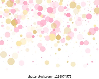 Rose gold confetti circle decoration for wedding invitation card. Holiday vector illustration. Gold, pink and rose color round confetti dots, circles chaotic scatter. Fashionable bokeh background.