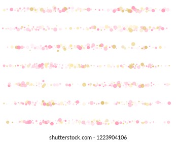 Rose gold confetti circle decoration for party invitation card. Holiday vector illustration. Gold, pink and rose color round confetti dots, circles chaotic scatter. Minimal bokeh background.