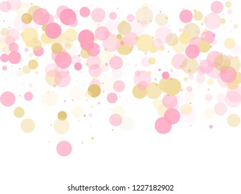 Rose gold confetti circle decoration for party invitation card. Holiday vector decor. Gold, pink and rose color round confetti dots, circles scatter on white. Beautiful bokeh background.