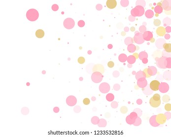 Rose gold confetti circle decoration for wedding invitation card. Birthday vector illustration. Gold, pink and rose color round confetti dots, circles scatter on white. Fashionable bokeh background.