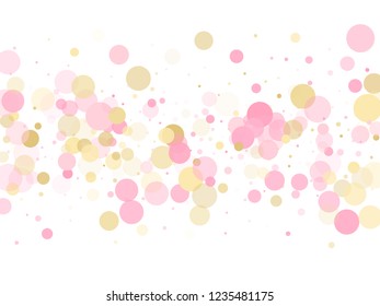 Rose gold confetti circle decoration for Valentine card background. Birthday vector illustration. Gold, pink and rose color round confetti dots, circles scatter on white. Beautiful bokeh background.