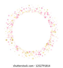 Rose gold confetti circle decoration for New Year card background. Holiday vector illustration. Gold, pink and rose color round confetti dots, circles scatter on white. Glamour bokeh background.