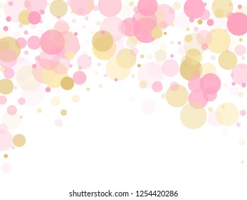 Rose gold confetti circle decoration for party invitation card. Holiday vector decor. Gold, pink and rose color round confetti dots, circles chaotic scatter. Decorative bokeh background.