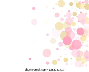 Rose gold confetti circle decoration for Valentine card background. Holiday vector decor. Gold, pink and rose color round confetti dots, circles scatter on white. Beautiful bokeh background.