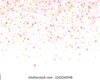 Rose gold confetti circle decoration for Valentine card background. Holiday vector illustration. Gold, pink and rose color round confetti dots, circles scatter on white. Trendy rich bokeh background.