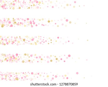Rose gold confetti circle decoration for wedding invitation card. Birthday vector illustration. Gold, pink and rose color round confetti dots, circles chaotic scatter. Minimal bokeh background.
