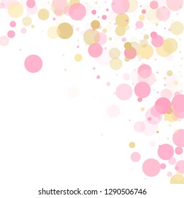 Rose gold confetti circle decoration for party invitation card. Birthday vector illustration. Gold, pink and rose color round confetti dots, circles scatter on white. Beautiful bokeh background.