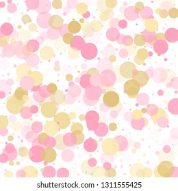 Rose gold confetti circle decoration for wedding invitation card. Holiday vector decor. Gold, pink and rose color round confetti dots, circles chaotic scatter. Simple bokeh background.