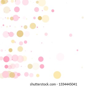 Rose gold confetti circle decoration for Valentine card background. Birthday vector illustration. Gold, pink and rose color round confetti dots, circles chaotic scatter. Festive bokeh background.