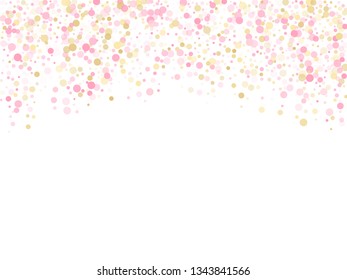 Rose gold confetti circle decoration for New Year card background. Holiday vector decor. Gold, pink and rose color round confetti dots, circles scatter on white. Festive bokeh background.