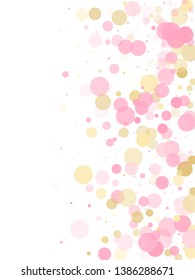 Rose gold confetti circle decoration for wedding invitation card. Holiday vector decor. Gold, pink and rose color round confetti dots, circles scatter on white. Beautiful bokeh background.