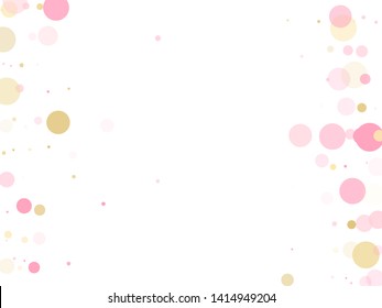 Rose gold confetti circle decoration for New Year card background. Holiday vector pattern. Gold, pink and rose color round confetti dots, circles chaotic scatter. Trendy airy bokeh background.