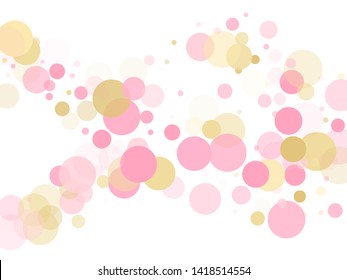 Rose gold confetti circle decoration for Valentine card background. Birthday vector illustration. Gold, pink and rose color round confetti dots, circles chaotic scatter. Trendy airy bokeh background.