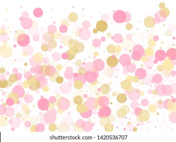 Rose gold confetti circle decoration for New Year card background. Holiday vector pattern. Gold, pink and rose color round confetti dots, circles scatter on white. Simple bokeh background.