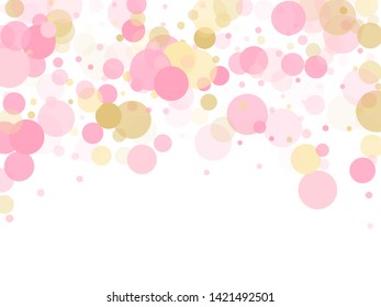 Rose gold confetti circle decoration for Christmas card background. Birthday vector illustration. Gold, pink and rose color round confetti dots, circles chaotic scatter. Minimal bokeh background.