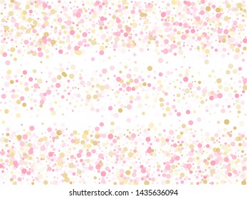 Rose gold confetti circle decoration for Christmas card background. Holiday vector illustration. Gold, pink and rose color round confetti dots, circles chaotic scatter. Trendy rich bokeh background.