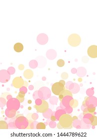 Rose gold confetti circle decoration for wedding invitation card. Holiday vector pattern. Gold, pink and rose color round confetti dots, circles scatter on white. Creative bokeh background.