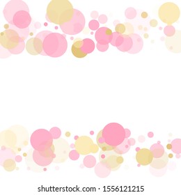 Rose gold confetti circle decoration for Valentine card background. Holiday vector decor. Gold, pink and rose color round confetti dots, circles chaotic scatter. Simple bokeh background.