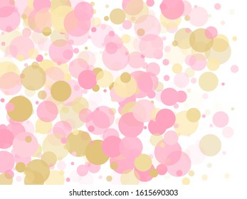 Rose gold confetti circle decoration for New Year card background. Holiday vector decor. Gold, pink and rose color round confetti dots, circles chaotic scatter. Trendy airy bokeh background.