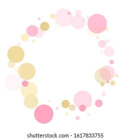 Rose gold confetti circle decoration for wedding invitation card. Holiday vector decor. Gold, pink and rose color round confetti dots, circles scatter on white. Glamourous bokeh background.