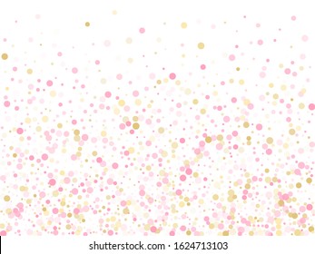 Rose gold confetti circle decoration for New Year card background. Birthday vector illustration. Gold, pink and rose color round confetti dots, circles chaotic scatter. Minimal bokeh background.