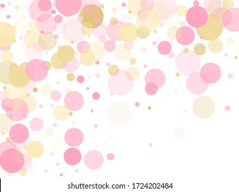 Rose gold confetti circle decoration for New Year card background. Holiday vector pattern. Gold, pink and rose color round confetti dots, circles scatter on white. Elegant bokeh background.