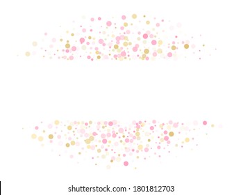 Rose gold confetti circle decoration for Christmas card background. Holiday vector pattern. Gold, pink and rose color round confetti dots, circles chaotic scatter. Beautiful bokeh background.