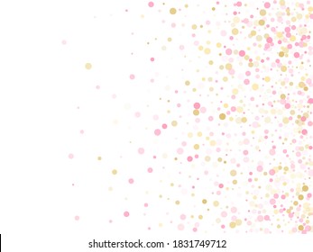 Rose gold confetti circle decoration for Christmas card background. Holiday vector illustration. Gold, pink and rose color round confetti dots, circles chaotic scatter. Simple bokeh background.