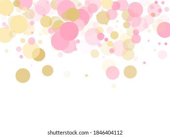 Rose gold confetti circle decoration for Valentine card background. Birthday vector illustration. Gold, pink and rose color round confetti dots, circles scatter on white. Minimal bokeh background.