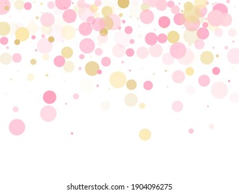 Rose gold confetti circle decoration for Valentine card background. Birthday vector illustration. Gold, pink and rose color round confetti dots, circles scatter on white. Decorative bokeh background.