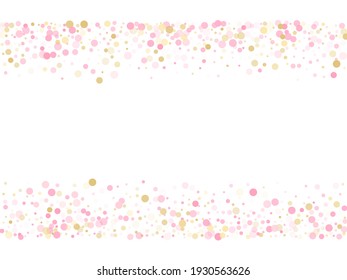 Rose gold confetti circle decoration for New Year card background. Holiday vector pattern. Gold, pink and rose color round confetti dots, circles scatter on white. Festive bokeh background.