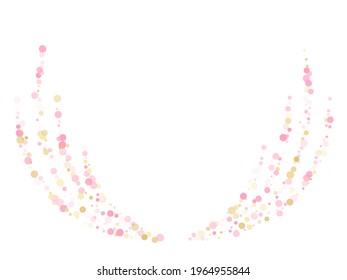 Rose gold confetti circle decoration for wedding invitation card. Holiday vector pattern. Gold, pink and rose color round confetti dots, circles scatter on white. Minimal bokeh background.